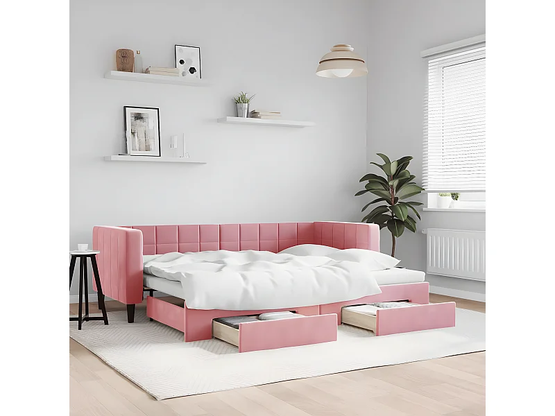 Lit gigogne et tiroirs rose 80x200 cm velours ASW37957
