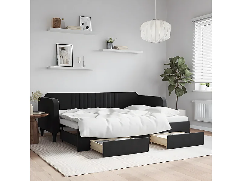 Tagesbett Ausziehbar,Ausziehbett mit Schubladen Schwarz 80x200 cm Samt -gkd92160