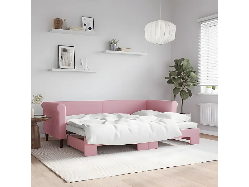 Slaapbank met onderschuifbed 80x200 cm fluweel roze NL65742