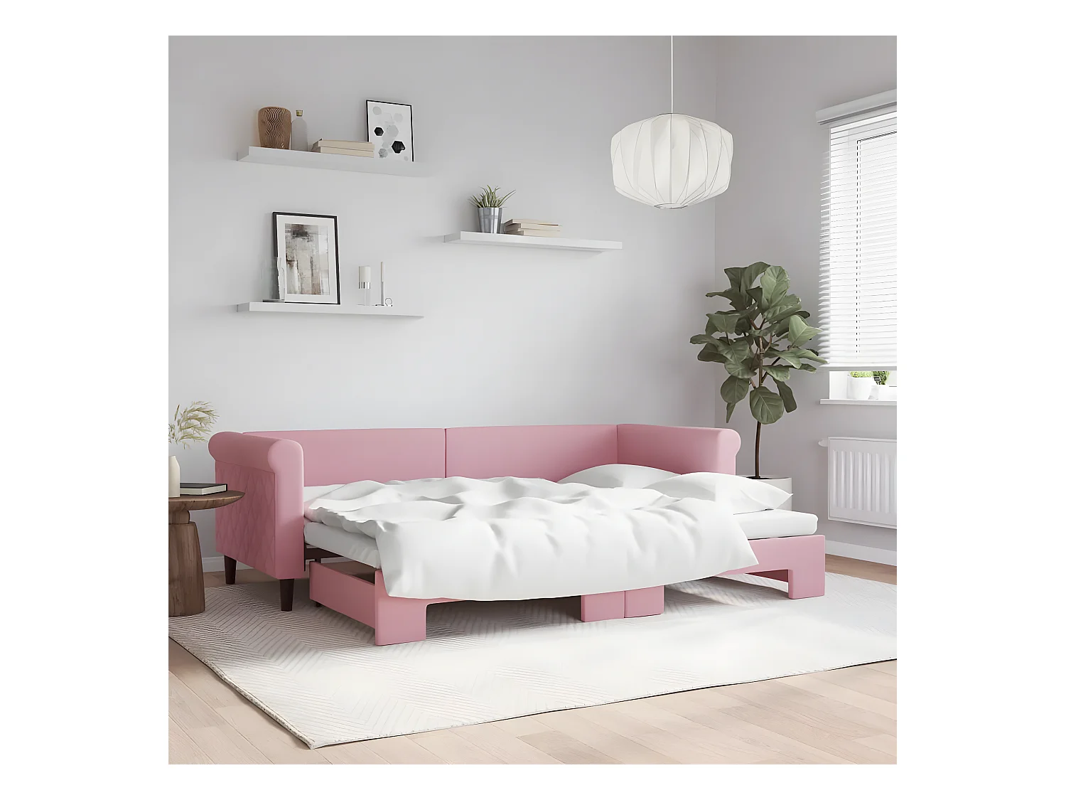 Slaapbank met onderschuifbed 80x200 cm fluweel roze NL65742