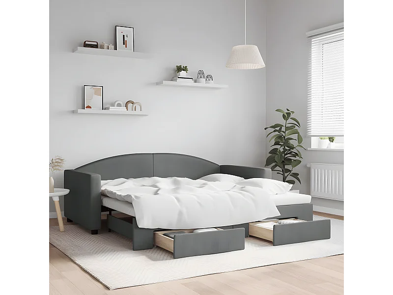 Lit gigogne et tiroirs gris foncé 90x190 cm tissu WVGQ5924