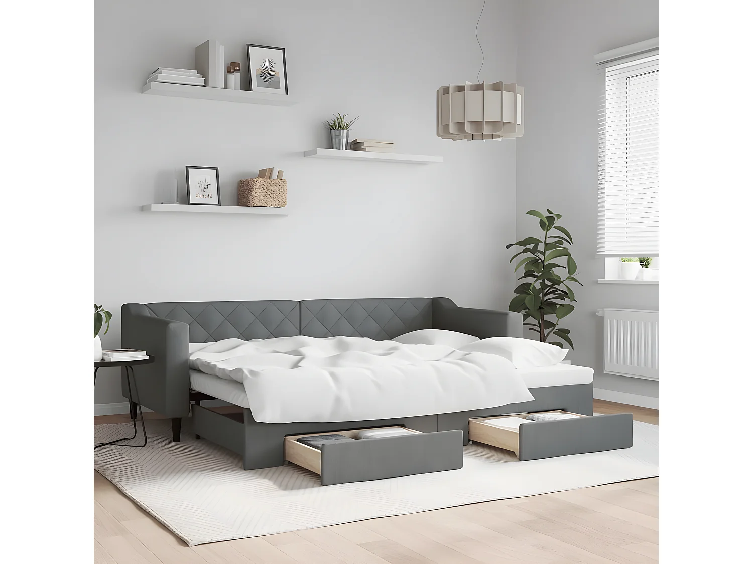 Sofá-cama 80x200 cm c/ gavetão e gavetas tecido cinzento-escuro PT397953