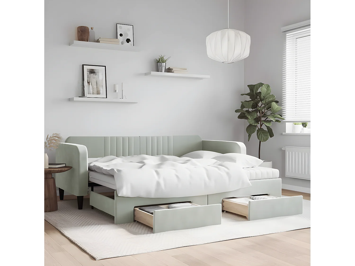 Slaapbank onderschuifbed en lades 90x200 cm fluweel lichtgrijs NL98090