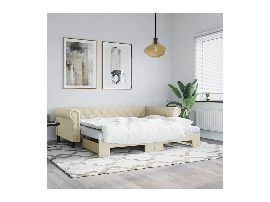Slaapbank met onderschuifbed 90x200 cm kunstleer crèmekleurig NL49777
