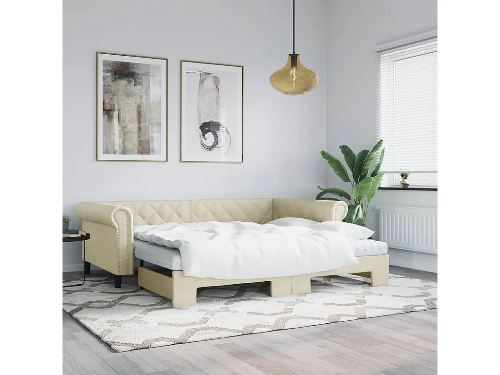Tagesbett Ausziehbar,Ausziehbett Creme 90x200 cm Kunstleder -gkd52944