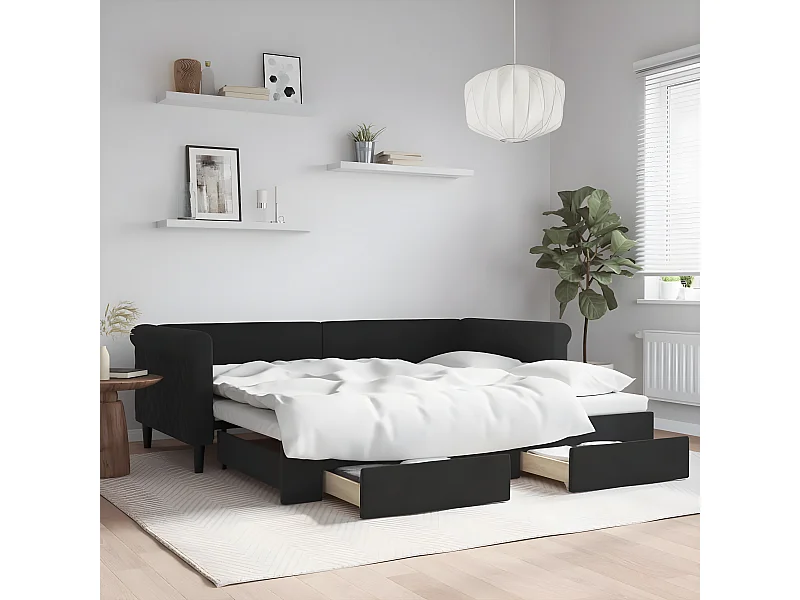 Cama dupla com gavetão e gavetas 90x200 cm veludo preto PT540179