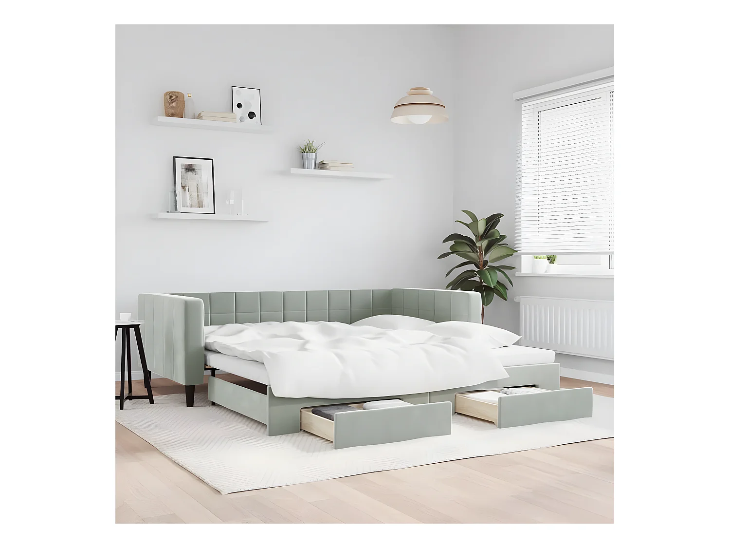 Sofá-cama 100x200 cm c/ gavetão e gavetas veludo cinzento-claro PT961638