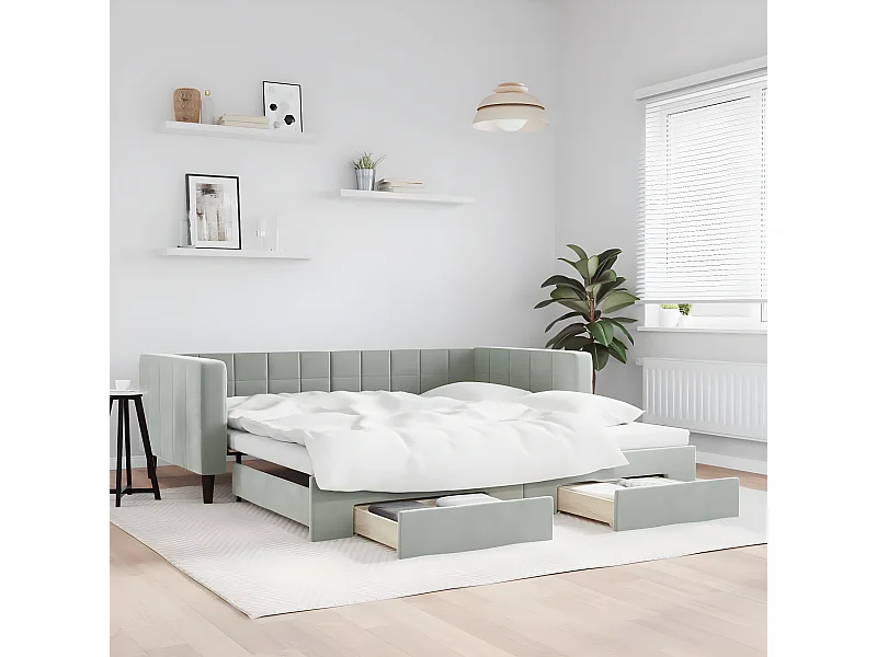 Lit gigogne et tiroirs gris clair 100x200 cm velours ASW43715