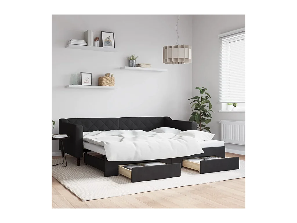 Lit gigogne et tiroirs noir 90x200 cm tissu ASW75042