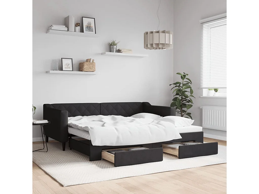 Tagesbett Ausziehbar,Ausziehbett mit Schubladen Schwarz 90x190 cm Stoff -gkd96511