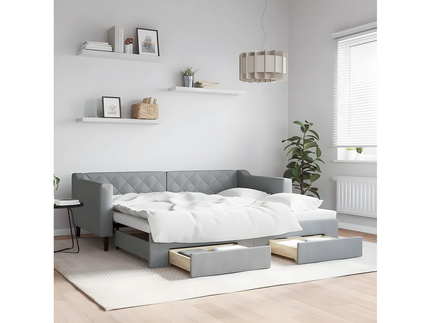 Lit gigogne et tiroirs gris clair 90x190 cm tissu ASW24043