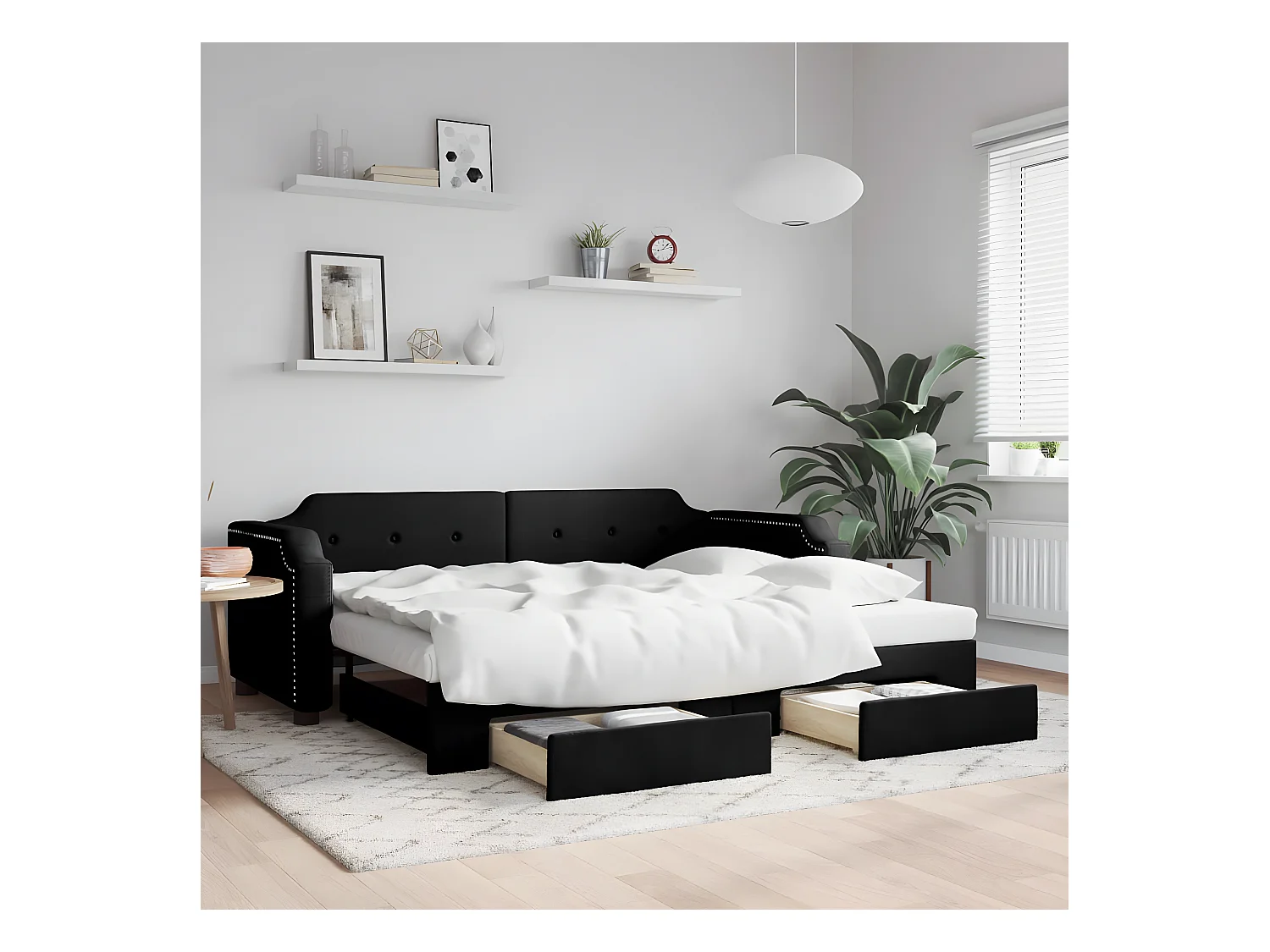 Lit gigogne et tiroirs noir 90x200 cm tissu WVGQ5519
