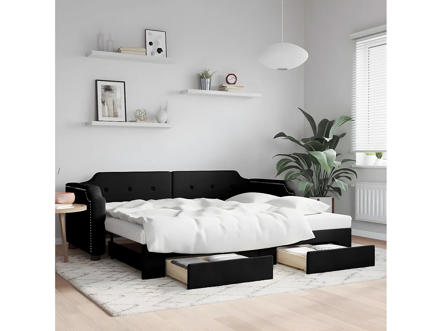 Lit gigogne et tiroirs noir 90x200 cm tissu WVGQ5519