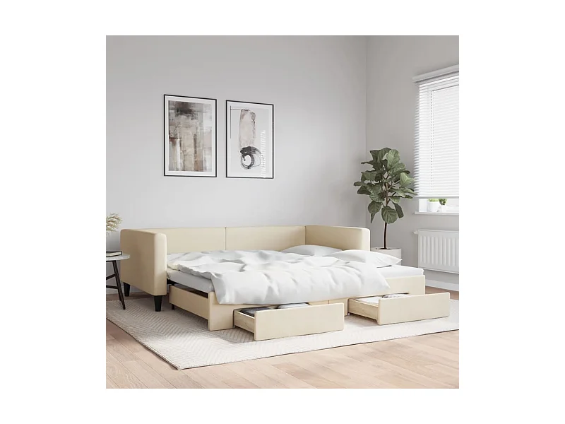 Lit gigogne et tiroirs crème 100x200 cm tissu WVGQ9835