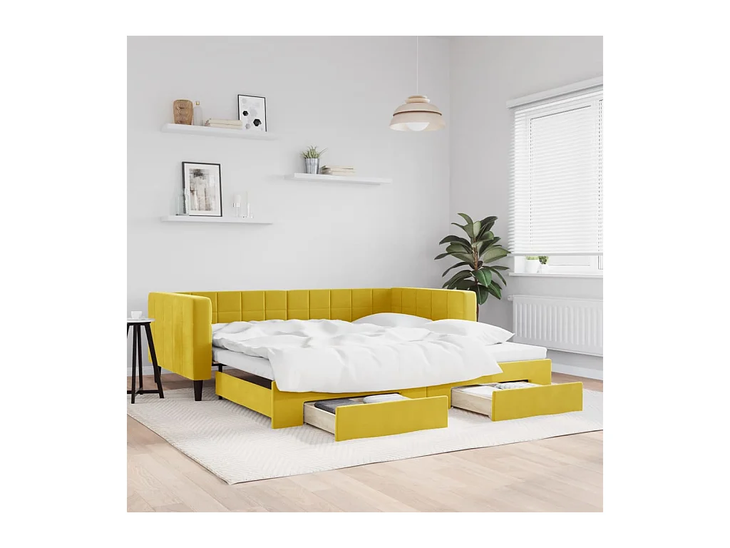 Lit gigogne et tiroirs jaune 100x200 cm velours WVGQ7663