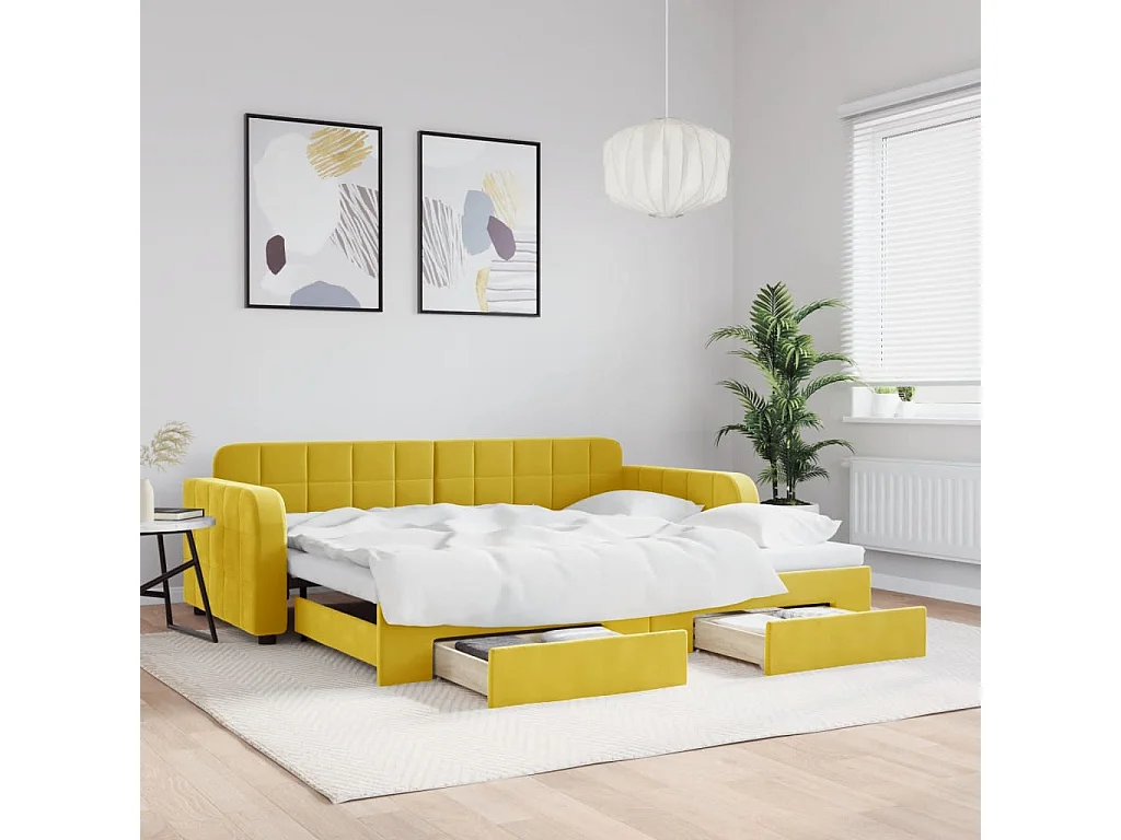 Lit gigogne et tiroirs jaune 90x200 cm velours WVGQ6949