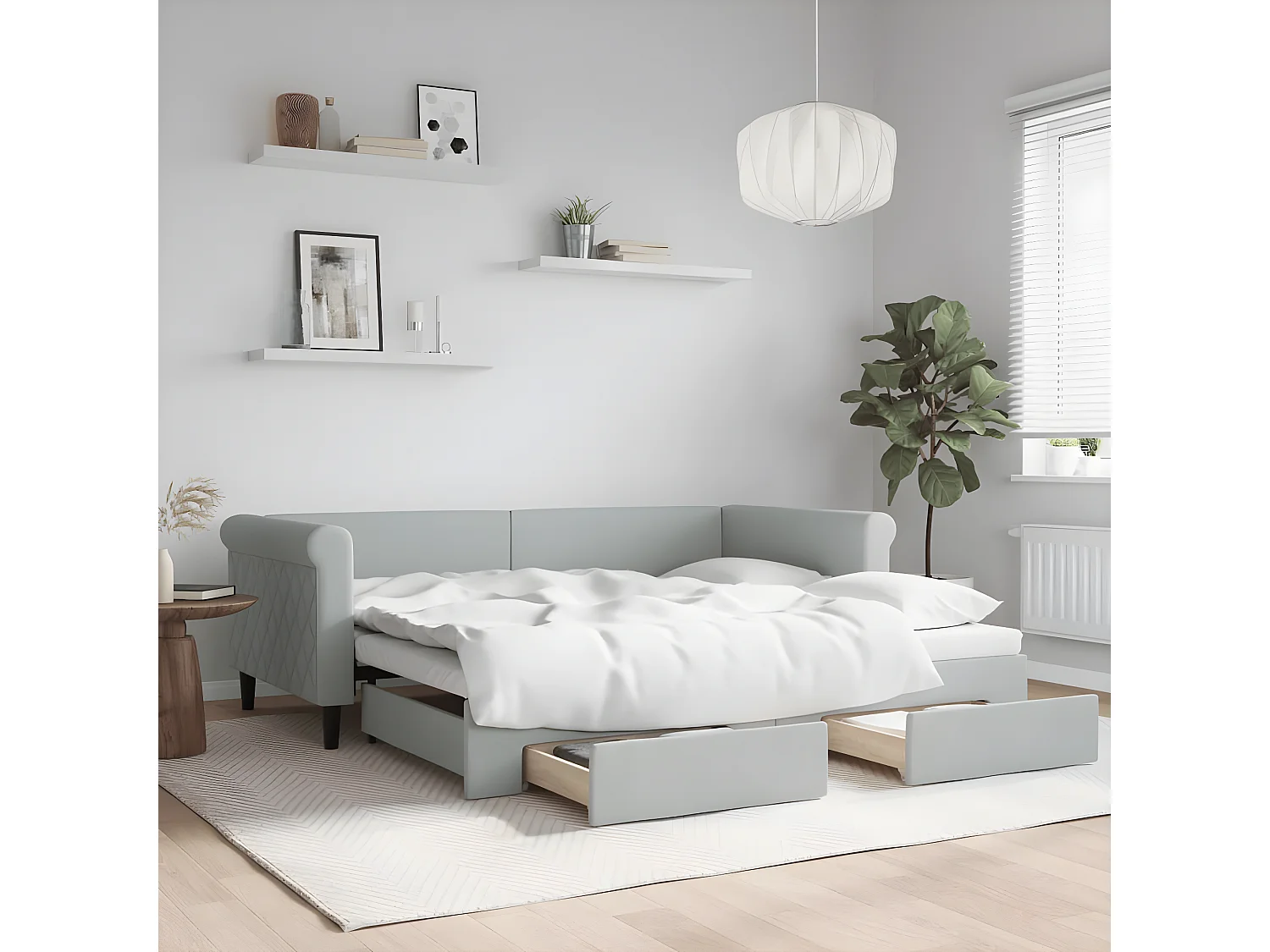 Lit gigogne et tiroirs gris clair 90x190cm velours WVGQ1546