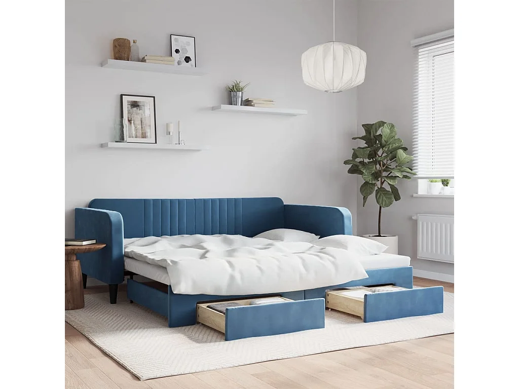 Cama dupla com gavetão e gavetas 100x200 cm veludo azul PT523570