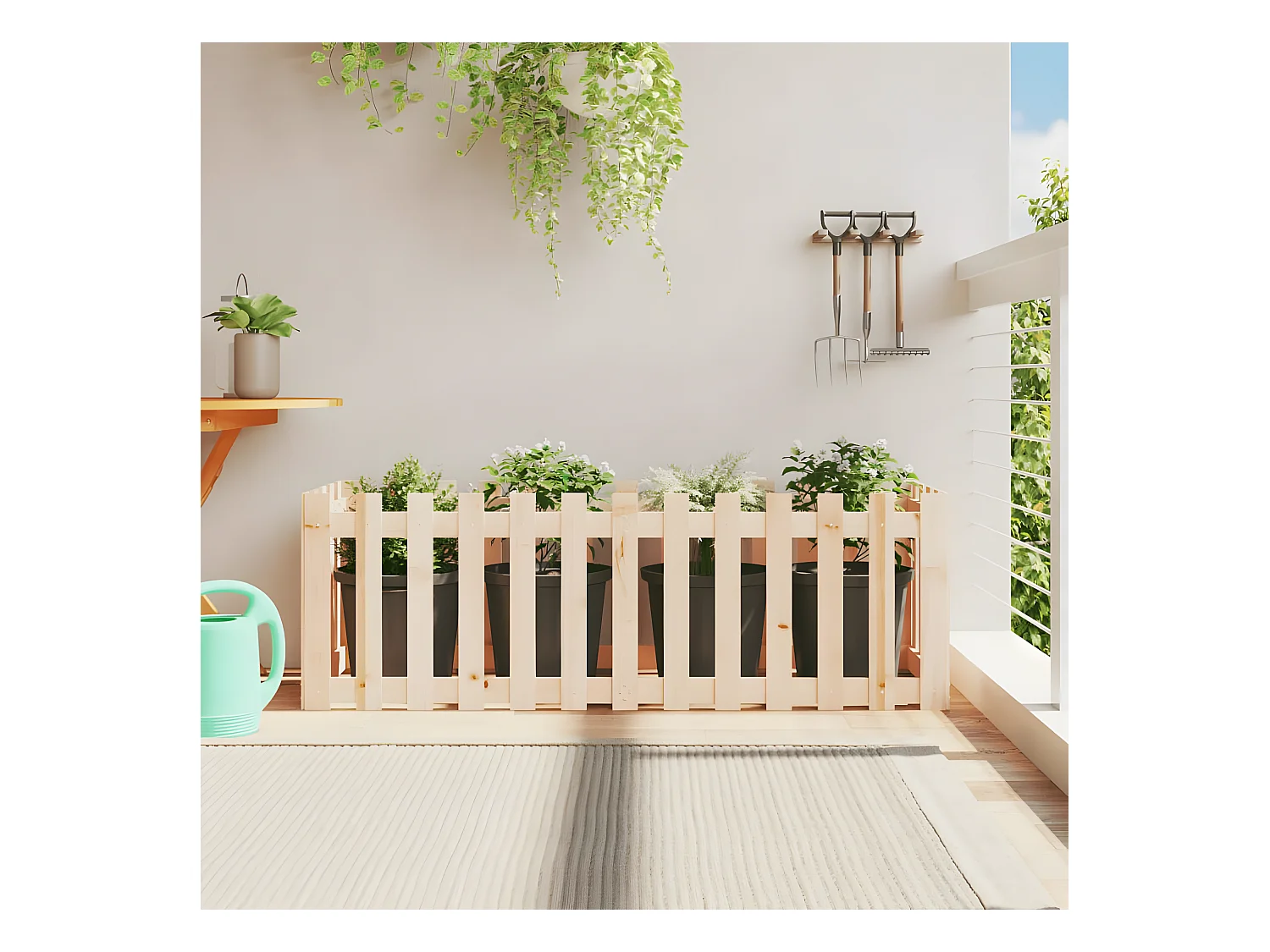 Jardinera elevado jardín con valla madera maciza pino 150x50x50cm ES43018
