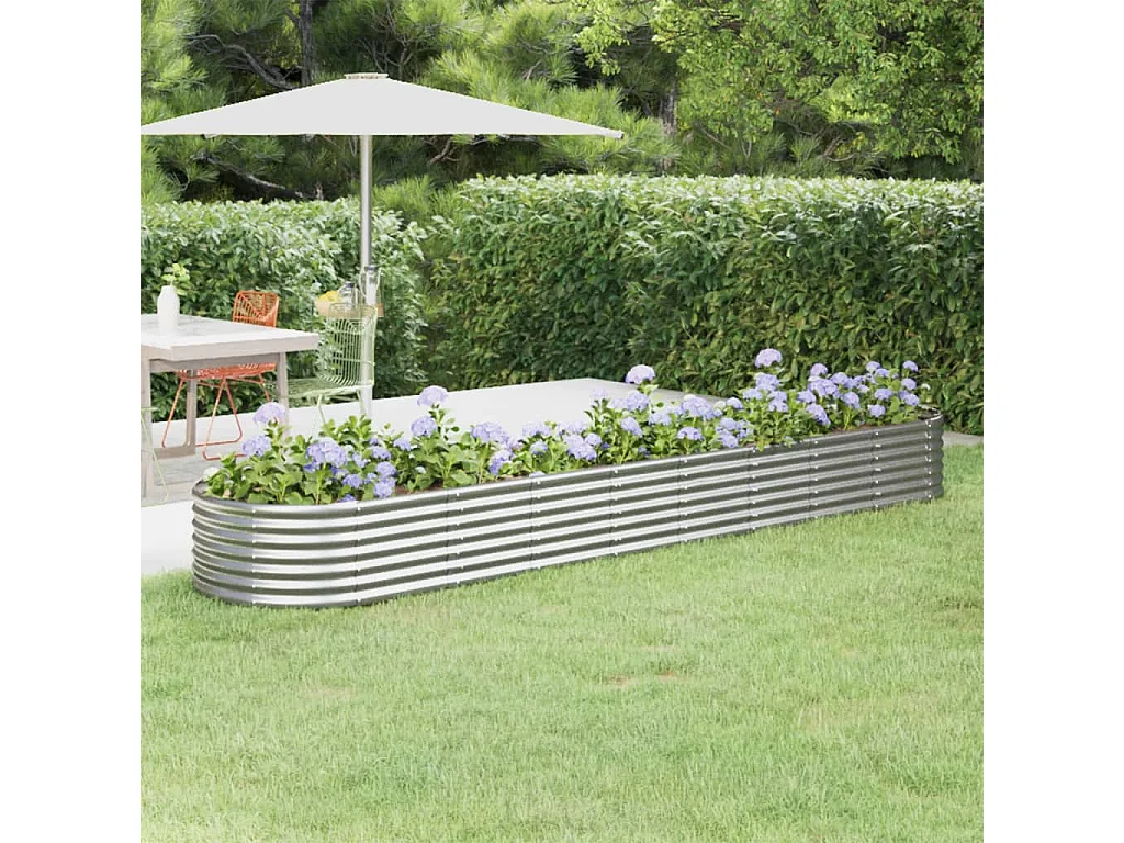 Canteiro elevado jardim 368x80x36cm aço revestido a pó prateado PT426707