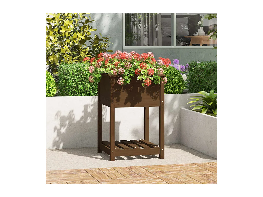 Jardinière avec étagère Marron miel 54x54x81 cm Bois de pin BE6337