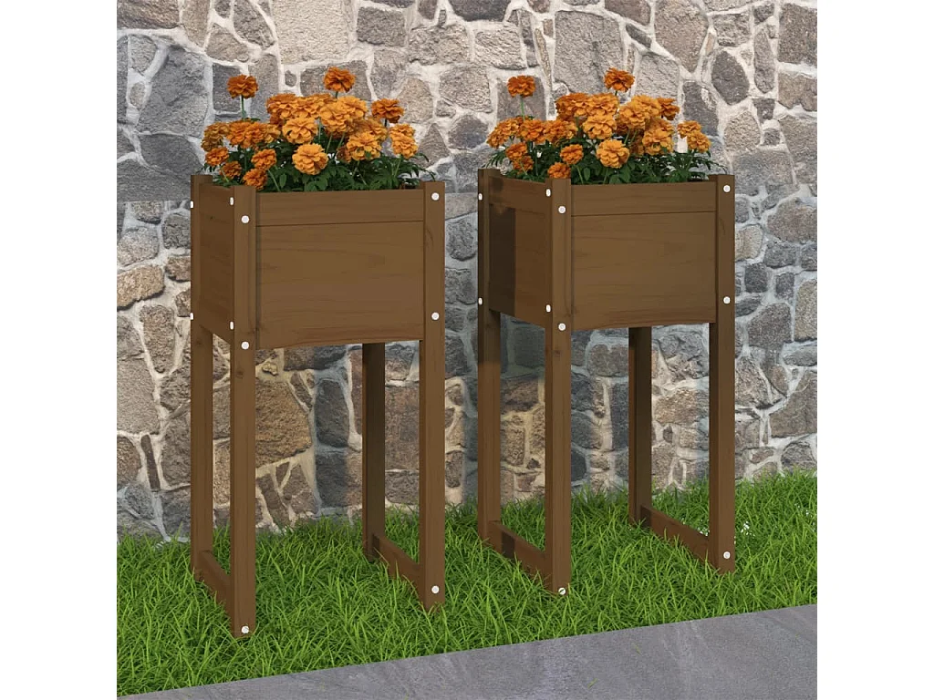 Plantenbakken 2 st 40x40x81 cm massief grenenhout honingbruin NL842865