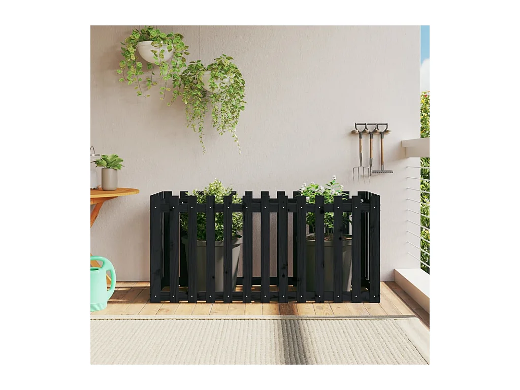 Jardinera elevado jardín con valla madera pino negro 150x50x70cm ES43888