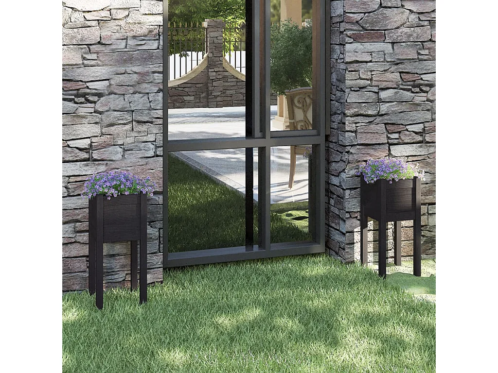 Plantenbakken 2 st 31x31x70 cm massief grenenhout zwart NL941267