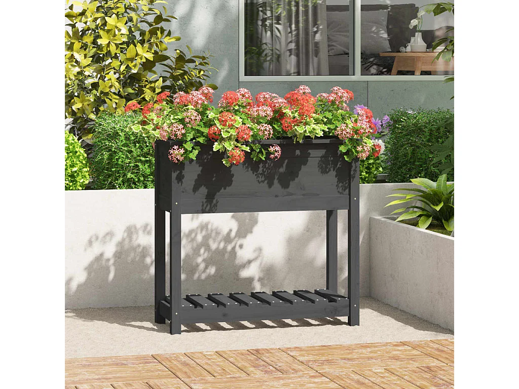 Jardinera con estante madera maciza pino gris 82,5x34,5x81 cm ES79612