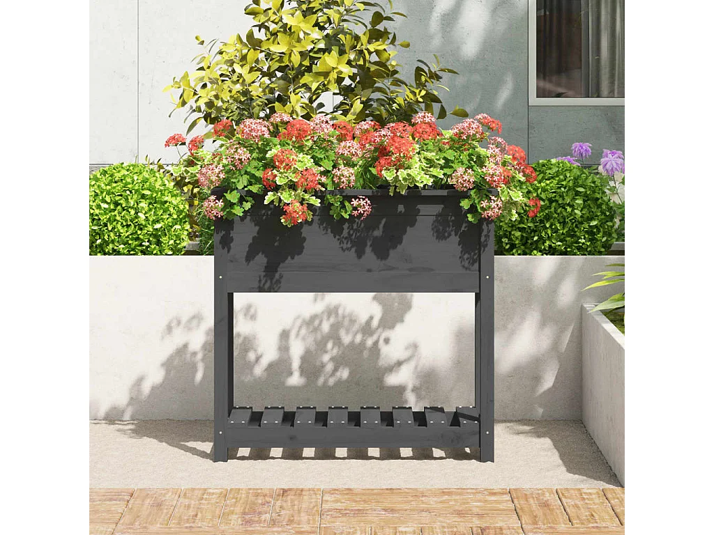Jardinera con estante madera maciza pino gris 82,5x34,5x81 cm ES79612