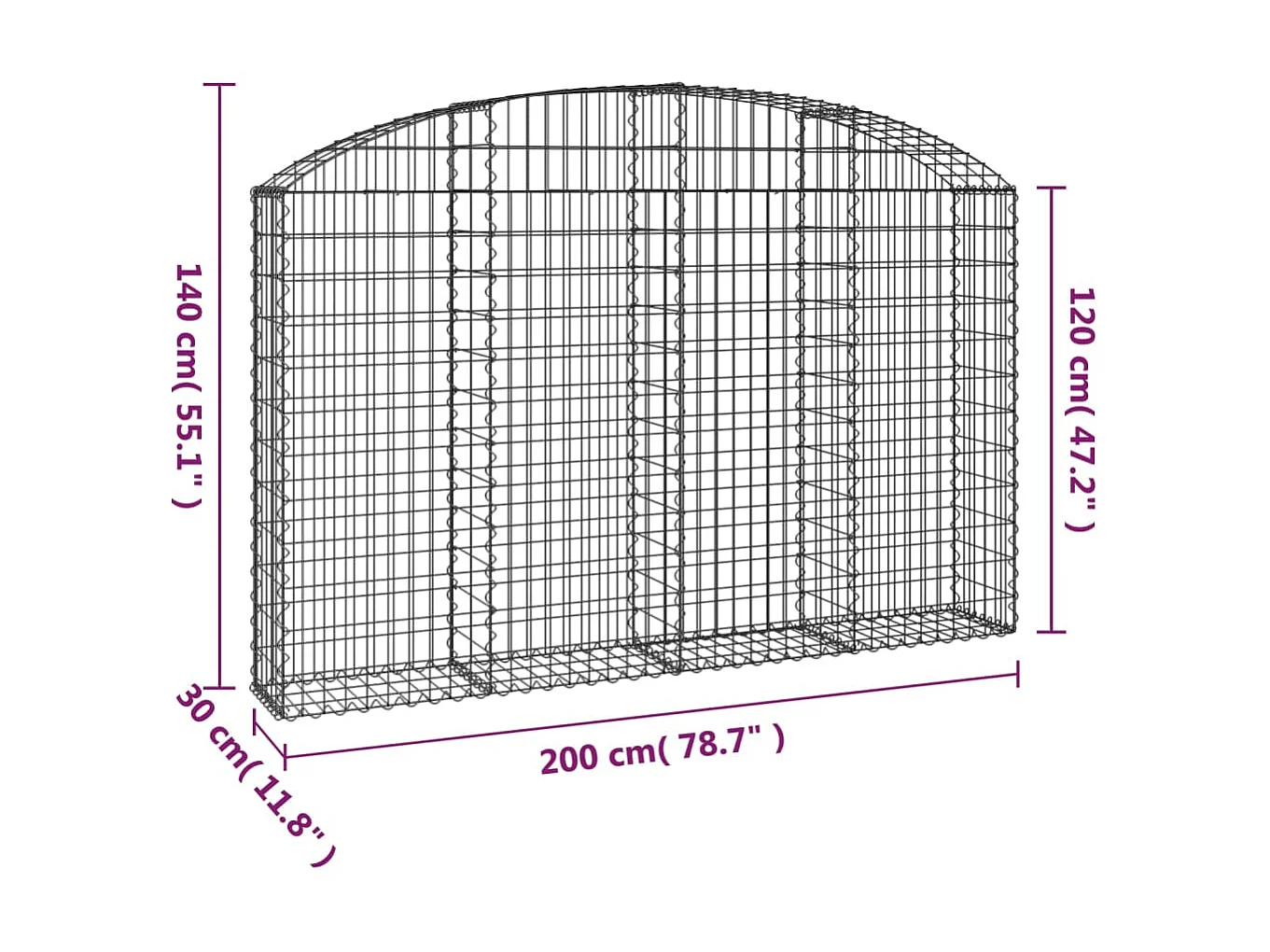 Cesta gaviones forma arco hierro galvanizado 200x30x120/140 cm ES760332