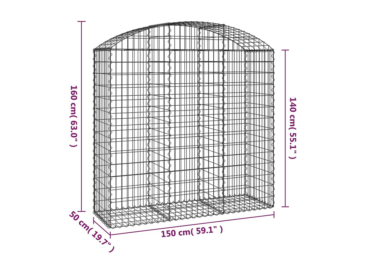 Panier de gabions arqué 150x50x140/160 cm Fer galvanisé WVGQ3041