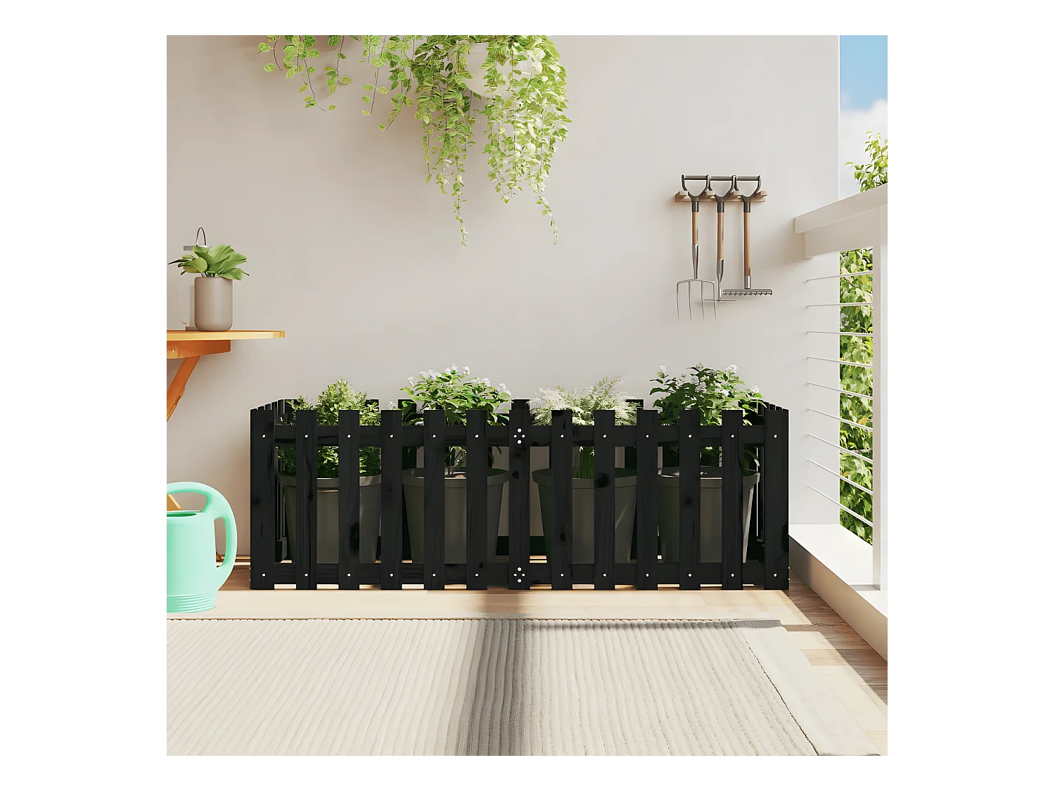 Jardinera elevado jardín con valla madera pino negro 150x50x50cm ES47384