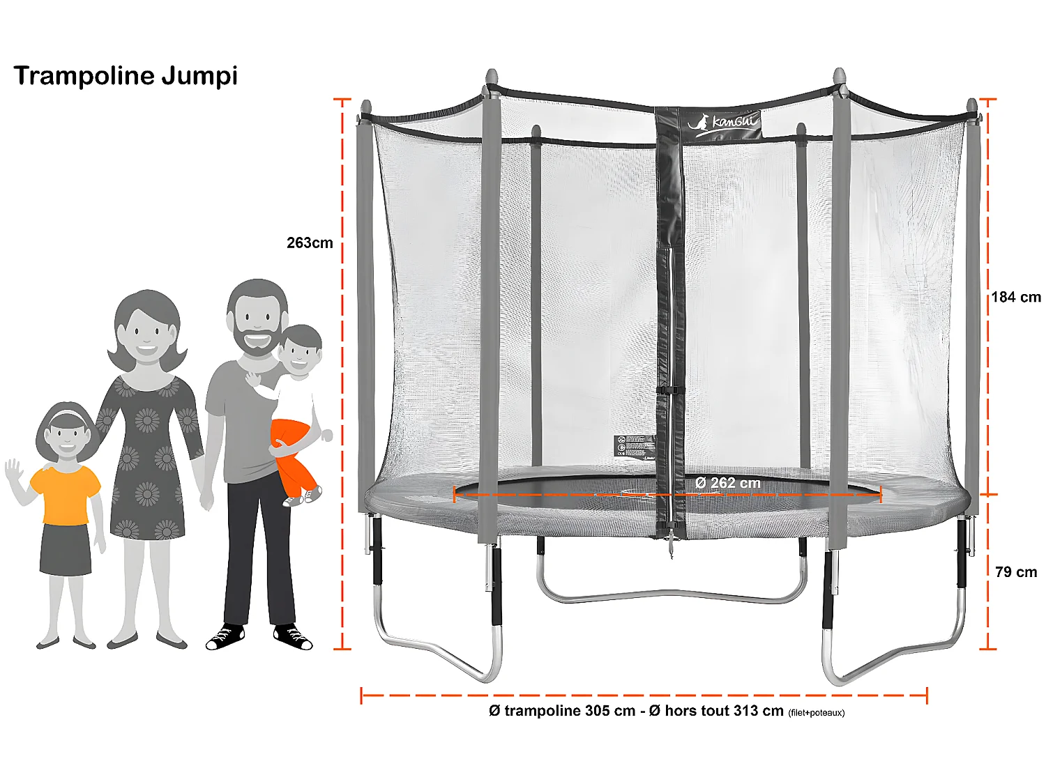 Kangui - Trampoline de jardin 305 cm + filet de sécurité + échelle JUMPI Vert/Noir 300