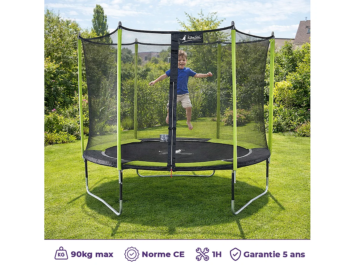Kangui - Trampoline de jardin 305 cm + filet de sécurité + échelle JUMPI Vert/Noir 300