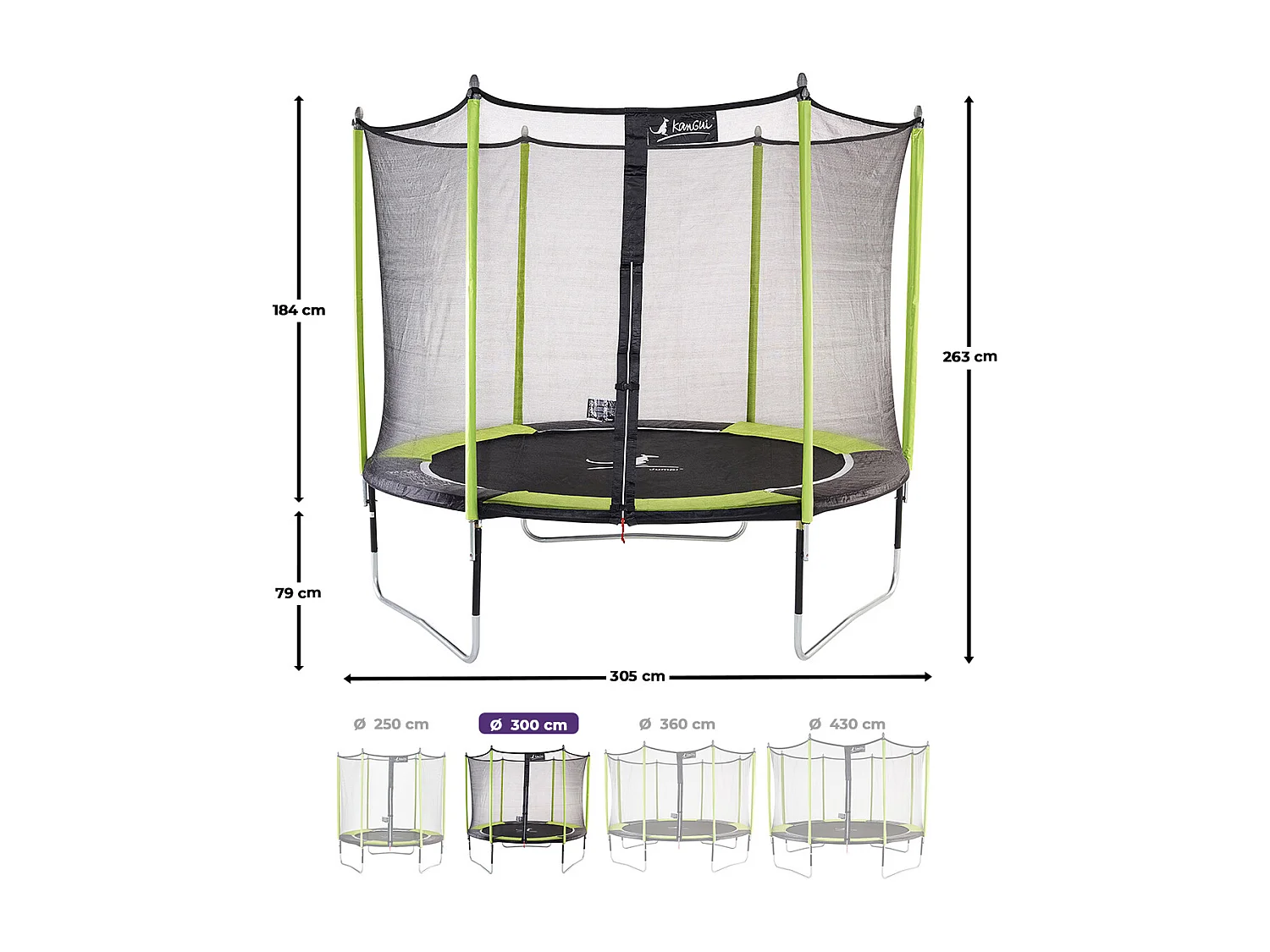 Kangui - Trampoline de jardin 305 cm + filet de sécurité + échelle JUMPI Vert/Noir 300