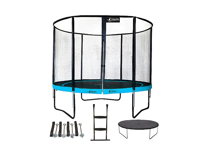 Kangui - Trampoline de jardin rond 305 cm + filet + échelle + bâche + kit ancrage | PUNCHI Bleu