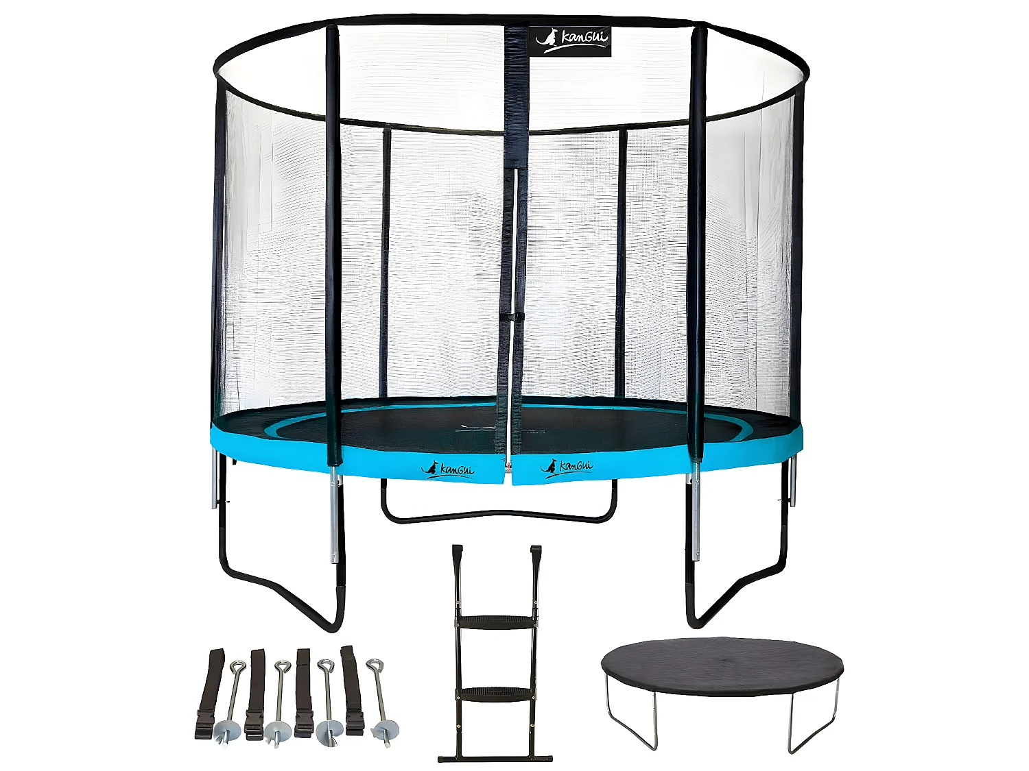Kangui - Trampoline de jardin rond 305 cm + filet + échelle + bâche + kit ancrage | PUNCHI Bleu