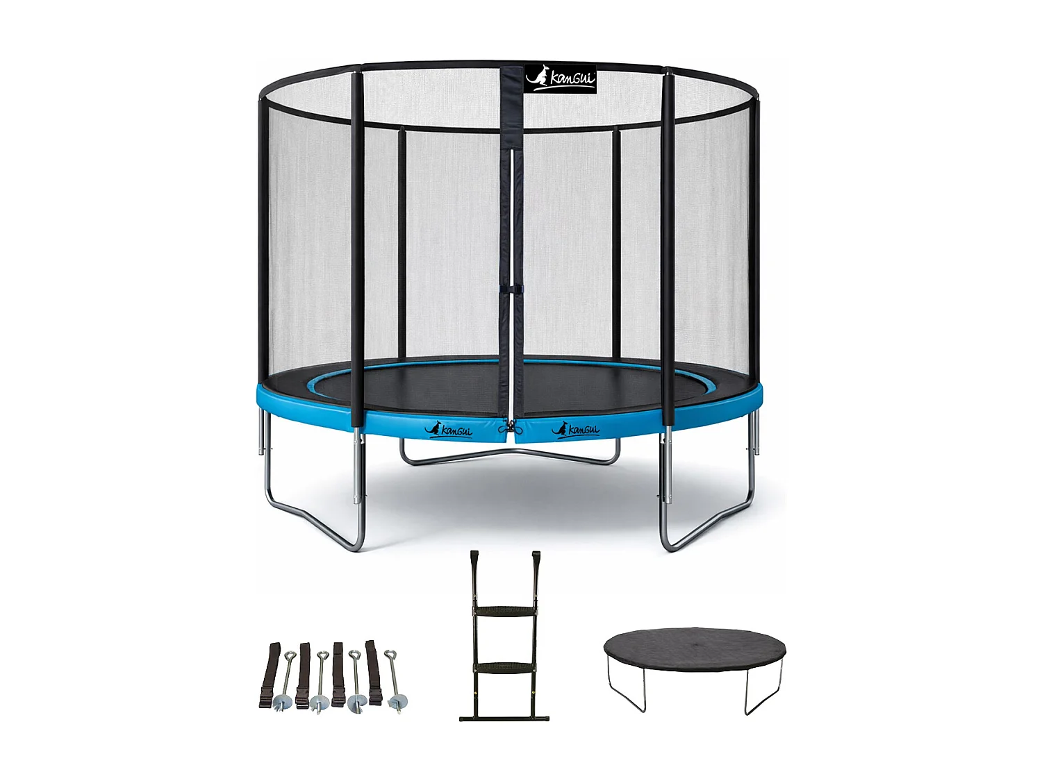 Kangui - Trampoline de jardin rond 305 cm + filet + échelle + bâche + kit ancrage | PUNCHI Bleu