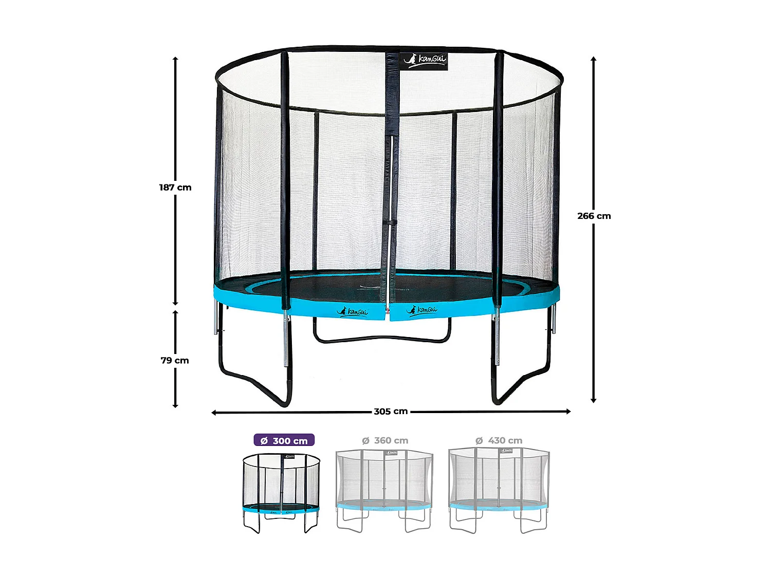 Kangui - Trampoline de jardin rond 305 cm + filet + échelle + bâche + kit ancrage | PUNCHI Bleu