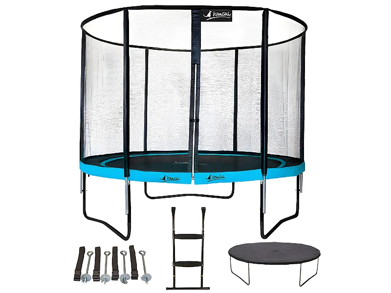 Kangui - Trampoline de jardin rond 305 cm + filet + échelle + bâche + kit ancrage | PUNCHI Bleu