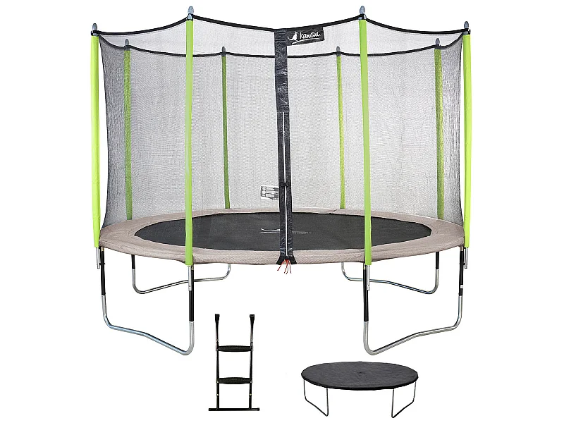 Kangui - Trampoline de jardin 426 cm + filet de sécurité + échelle + bâche de protection JUMPI Taupe/Vert 430.