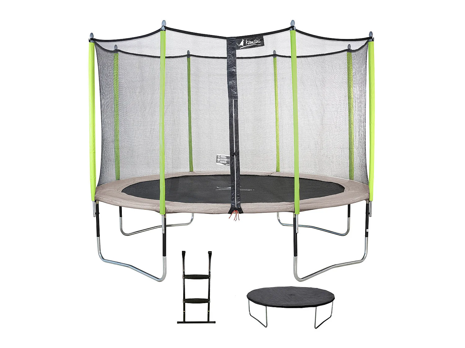 Kangui - Trampoline de jardin 426 cm + filet de sécurité + échelle + bâche de protection JUMPI Taupe/Vert 430.