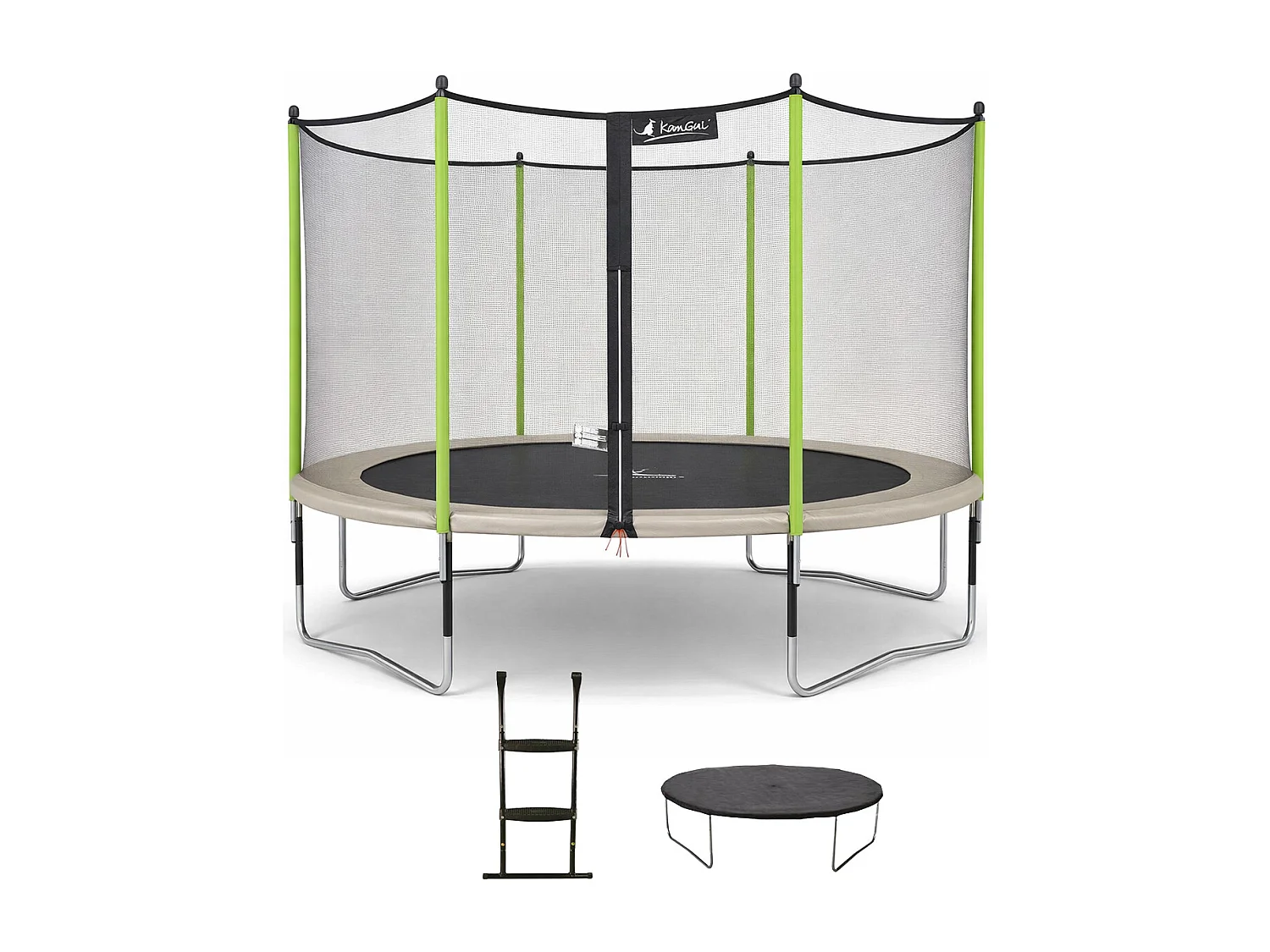 KANGUI Trampoline de jardin 426 cm + filet de sécurité + échelle + bâche de protection JUMPI Taupe/Vert 430.