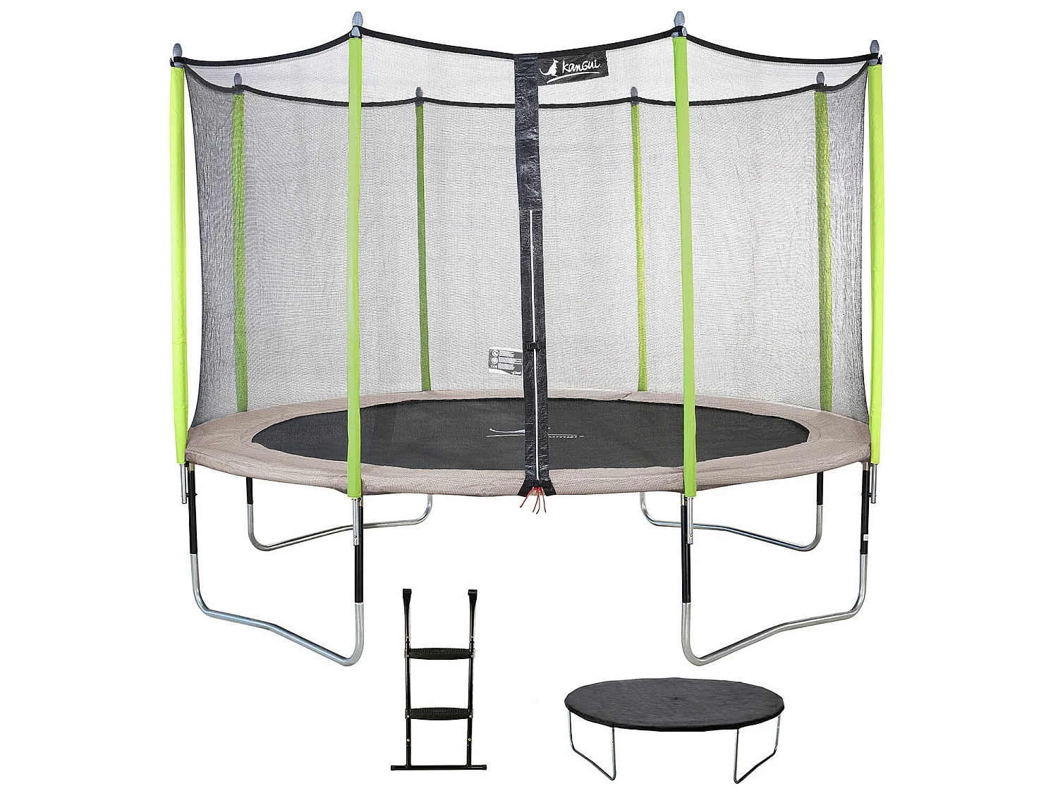 Kangui - Trampoline de jardin 426 cm + filet de sécurité + échelle + bâche de protection JUMPI Taupe/Vert 430.