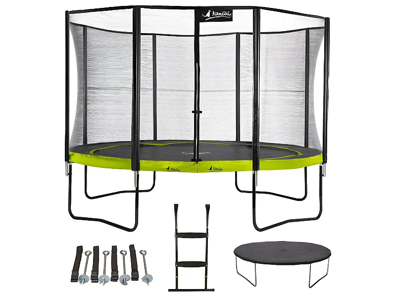 Kangui - Trampoline de jardin 365 cm + filet + échelle + bâche + kit ancrage | PUNCHI Vert.