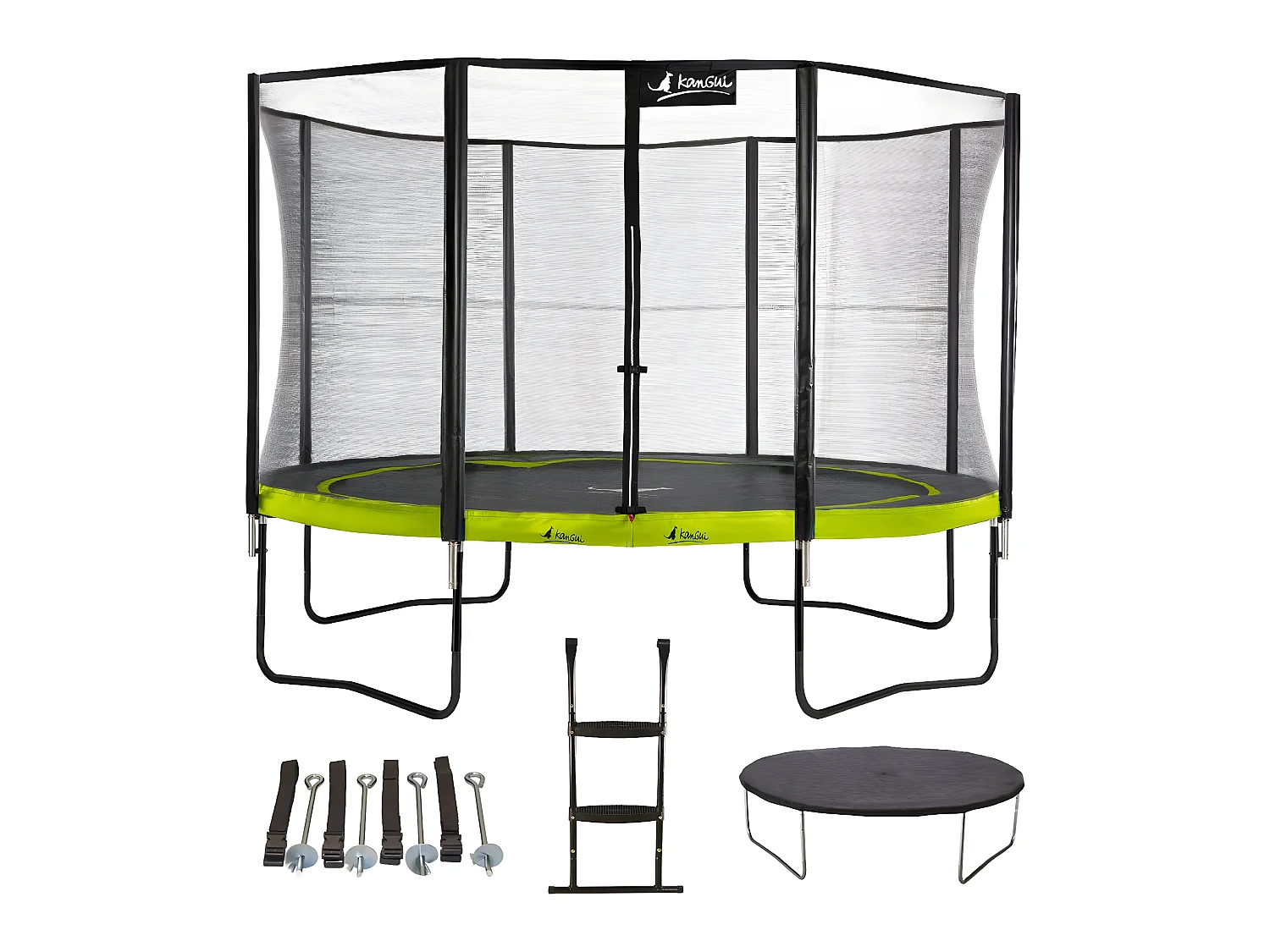 Kangui - Trampoline de jardin 365 cm + filet + échelle + bâche + kit ancrage | PUNCHI Vert.
