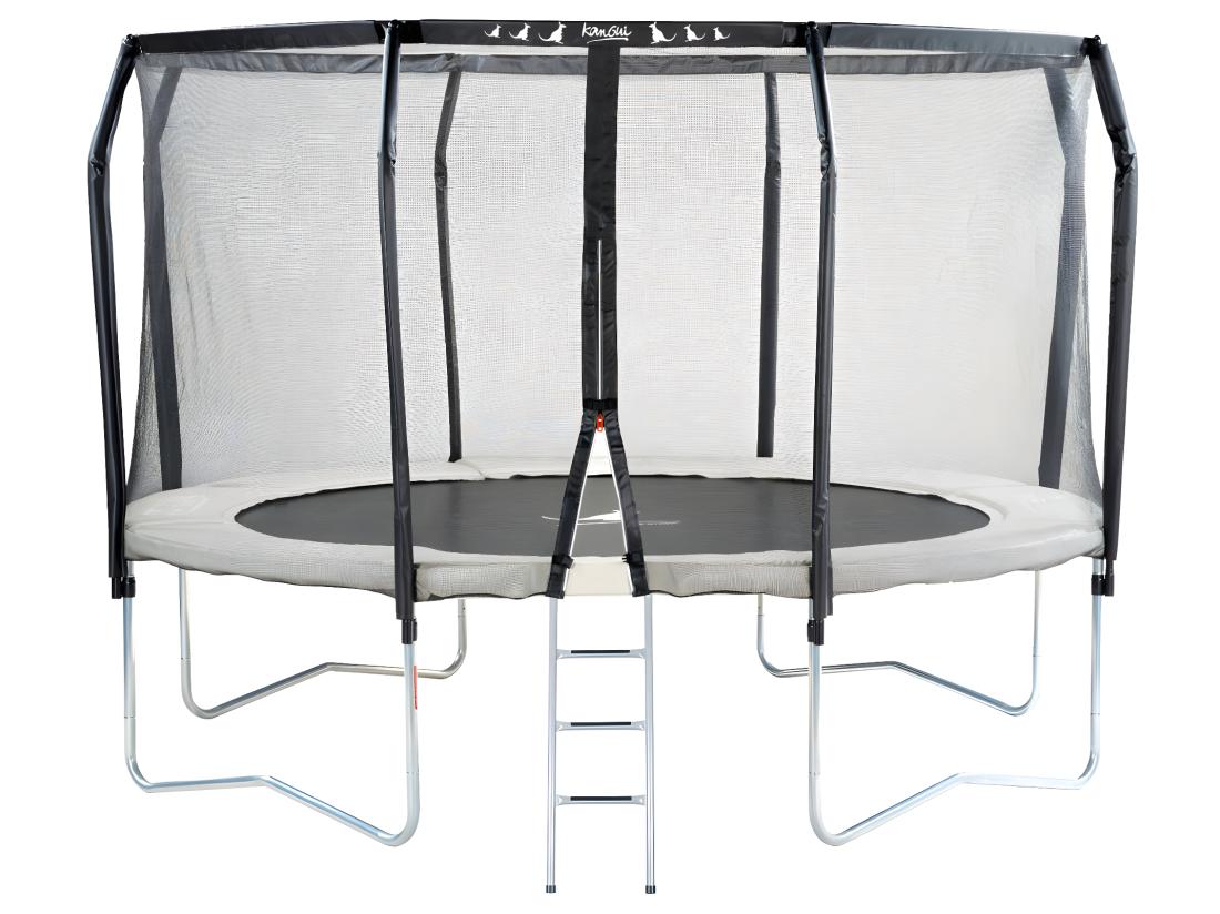 vente unique Kangui - Trampoline de jardin rond Ø426cm avec filet de sécurité + échelle - Fabrication européenne - Famili 430