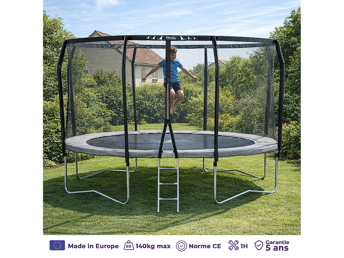 KANGUI Trampoline de jardin rond Ø426cm avec filet de sécurité + échelle - Fabrication européenne - Famili 430