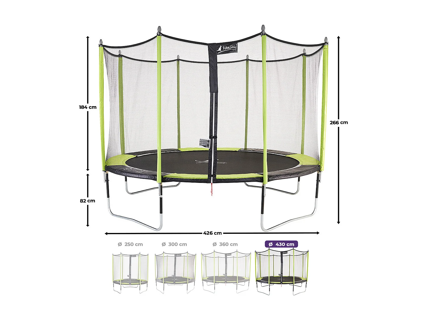 Kangui - Trampoline de jardin 426 cm + filet de sécurité  JUMPI Vert/Noir 430